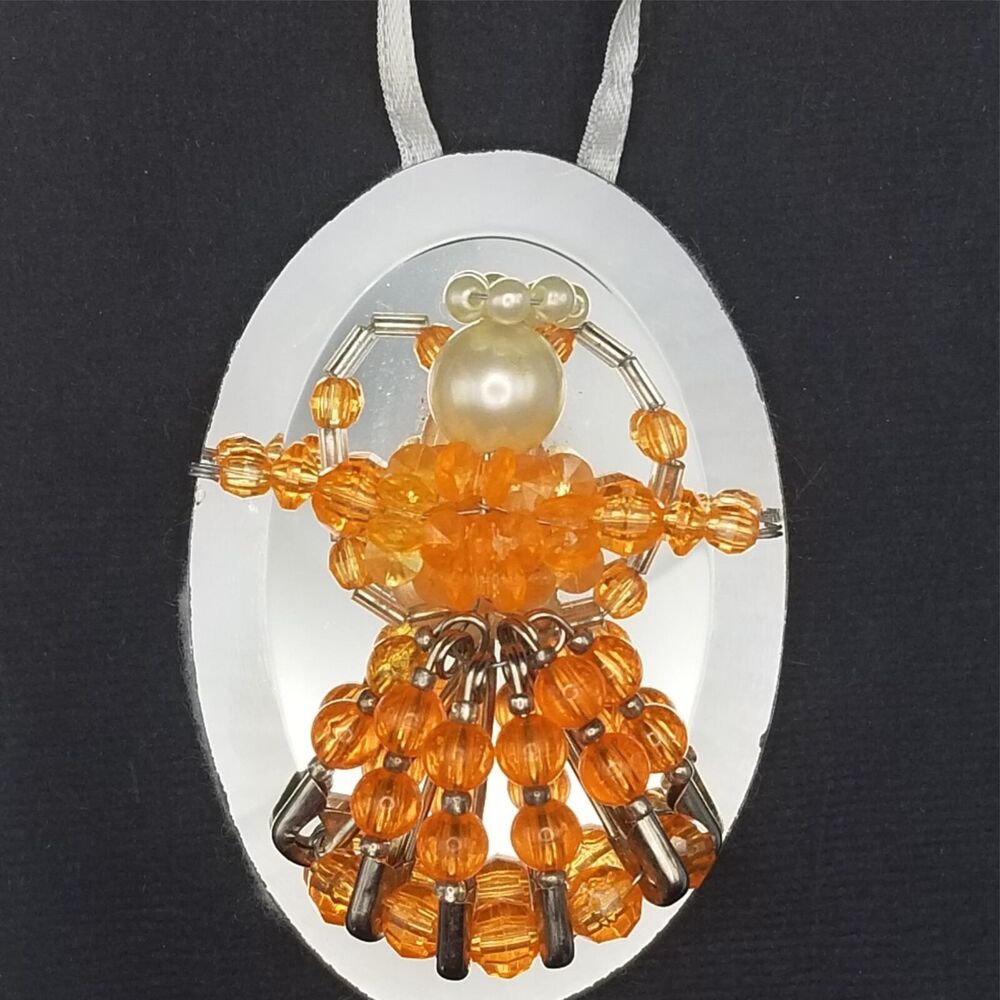 Vintage Beaded Angel Ornament Mirror 3" Pearl Handmade with Safety Pins Orange